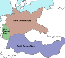 خطة تقسيم ألمانيا التي قدمها ونستون تشرشل:   الدولة الألمانية الشمالية   الدولة الألمانية الجنوبية وتشمل مناطق النمسا والمجر الحالية   الدولة الألمانية الغربية