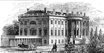 Jefferson and Latrobe's West Wing Colonnade, in this nineteenth-century engraved view, is now the James S. Brady Press Briefing Room.