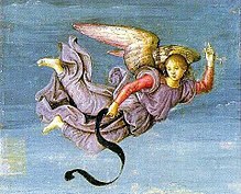 A violet-clad angel from the Resurrection of Christ by Raphael (1483–1520).