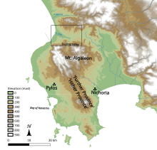map of Messenia; Pylos, Nichoria and the Alpheios and Soulima valleys are labelled.