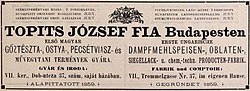 „Topits József fia” gőztésztagyár hirdetése (1887)