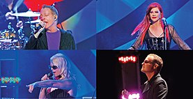 The B-52s performing live in Athens, Georgia, on February 18, 2011. Left to right, top to bottom: Fred Schneider, Kate Pierson, Cindy Wilson, Keith Strickland