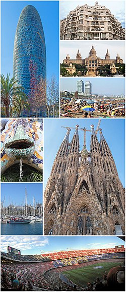 În imagine: Torre Àgbar, Palau Nacional, Parcul Güell, Plaja Barceloneta, Portul vechi şi Camp Nou