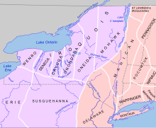 Map of New York showing Algonquian tribes in the eastern and southern portions and Iroquoian tribes to the western and northern portions.
