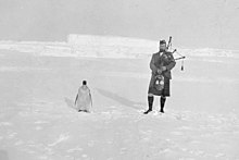 Man on right in Scots highland costume, playing bagpipes, while on the left a lone penguin stands. The ground is covered in ice, with a high ice ridge in the background.