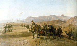 Painting of soldiers on camels in desert