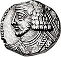 Coin of Pacorus II wearing a diadem and beard, minted in 92/93
