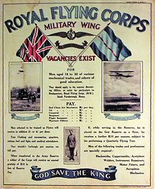A poster reads "ROYAL FLYING CORPS", "MILITARY WING", "VACANCIES EXIST", information about pay, "GOD SAVE THE KING".