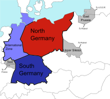 خطة مورغنثاو:   الدولة الألمانية الشمالية   الدولة الألمانية الجنوبية   رقابة حدودية   مناطق خسرتها ألمانيا (سارلاند حتى فرنسا، سيليزيا العليا حتى بولندا، بروسيا الشرقية، قسمت بين بولندا والاتحاد السوفيتي)