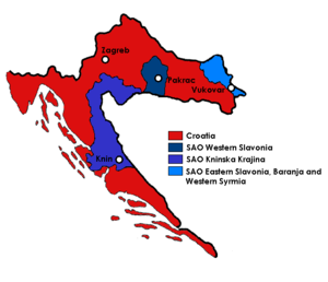 크로아티아 내에서 독립한 세르비아 자치주. SAO 크라이나는 짙은 파랑으로 표시되어 있다.