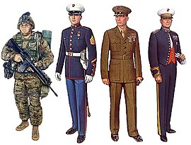 color drawings of four Marine wearing various uniforms