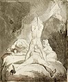 Hephaistos, Kratos und Bia fesseln Prometheus. Zeichnung von Johann Heinrich Füssli, um 1800–1810. Auckland Art Gallery, Auckland