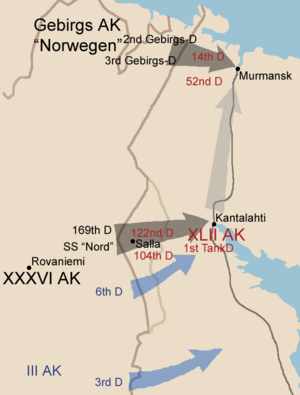 Operaatio Napaketun hyökkäyssuunta Sallasta Kantalahteen (harmaa nuoli kuvan keskiosassa)