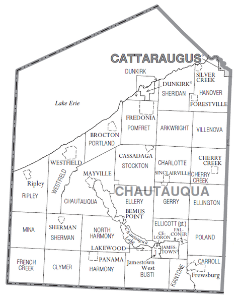 シャトークア郡の自治体配置図