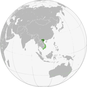 Административная территория официально признанной Демократической Республики Вьетнам («Северный Вьетнам») в Юго-Восточной Азии согласно Женевскому соглашению 1954 г. выделена темно-зеленым цветом; заявленная, но не контролируемая территория («Южный Вьетнам») выделена светло-зеленым цветом.