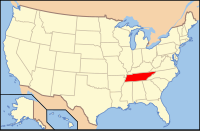 Bản đồ Hoa Kỳ có ghi chú đậm tiểu bang Tennessee