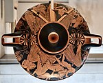 Red-figure kylix (Classical); c. 480 BC; ceramic; height: 12.7 cm, diameter: 27.2 cm; Kimbell Art Museum (Fort Worth, Texas, US)[38]