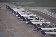 Photograph of Memphis International Airport, showing a row of FedEx planes