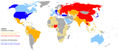 Країни-донори (червоний) і країни-реципієнти кримінальних потоків (англ.)