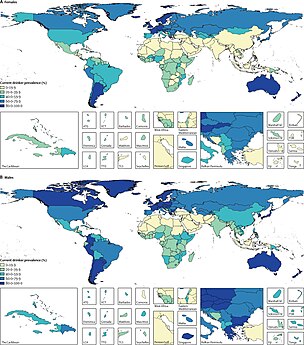Age-standardised prevalence of current drinking for females (A) and males (B) in 2016, in 195 locations.