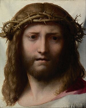 Head of Christ is a painting in oil on panel by the Italian Renaissance painter Antonio da Correggio, dated 1521. It depicts the head of Christ, wearing the crown of thorns. In the background there is a white cloth showing that the image represents the Veil of Veronica, but Christ's head is given volume through alternate use of light and dark shadows. The painting is in the J. Paul Getty Museum in Malibu, Los Angeles. Correggio was known for creating some of the most sumptuous religious paintings of the period. The Getty Museum considers this artwork as one of the masterpieces of painting held by the museum.