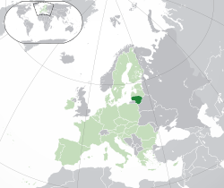 Местоположбата на  Литванија  (темно зелена) – на Европскиот континент  (зелена и светло сива) – во Европската Унија  (зелена)  —  [Легенда]