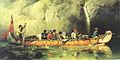 Canoe Manned by Voyageurs Passing a Waterfall (Ontario), lukisan minyak oleh Frances Anne Hopkins