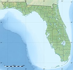 Mapa konturowa Florydy, blisko prawej krawiędzi na dole znajduje się punkt z opisem „Miami”