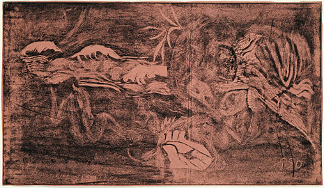 Paul Gauguin, The Universe is Created, from the Noa Noa suite, 1893–4, woodcut printed in black on thin rose-colored wove paper sheet trimmed to block[61]