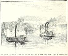 drawing of two steam-powered gunboats with big paddle-wheels on river
