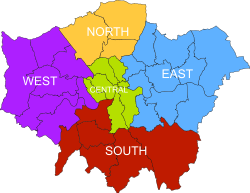 The five sub-regions shown within Greater London
