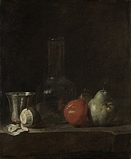 Glass Flask and Fruit (ca. 1728), oil on canvas, 55.7 x 46 cm., Staatliche Kunsthalle Karlsruhe