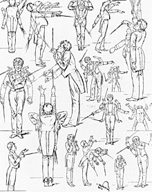 A series of line drawings of a man in exaggerated poses, holding a conductor's baton