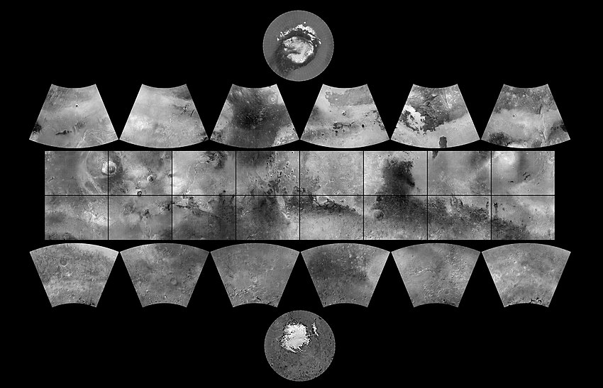 صورة قابلة للنقر لرباعيات خرائط المريخ الثلاثين، والتي حددتها هيئة المسح الجيولوجي الأمريكية.[115][116]