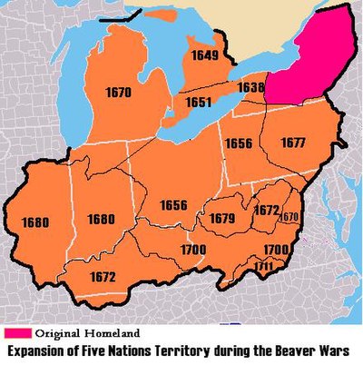 Map of Iroquois expansion during Beaver Wars 1638–1711. Through the lucrative fur trade, the Iroquois gained European weapons, giving them an advantage against tribes in the Great Lakes region, whose lands they took over.
