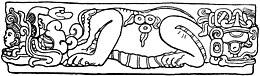 Drawing of a Mayan stone carving with elaborate decoration.