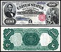 1880 $100 Legal Tender (1869 version) A new $100 United States Note was issued with a portrait of Abraham Lincoln on the left of the obverse and an allegorical figure representing architecture on the right.