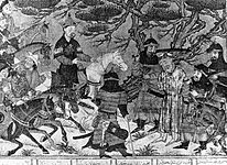 A scene from the Shahnameh depicting the Parthian king Artaban facing the Sassanid king Ardashir I