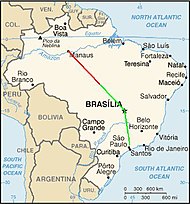 A map of Brazil with the approximate flight paths plotted on it in as red and green lines. The paths meet at the collision point, about halfway between Brasilia and Manaus.