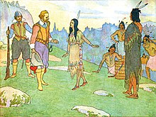 A simple drawing of a young dark-haired Native American woman speaking to two men in armor from the early 1600s. Several Native Americans look on from the right.
