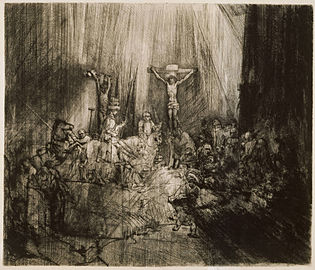 Rembrandt van Rijn, Christ Crucified between the Two Thieves (The Three Crosses), 1653–1655, drypoint and burin, fourth of five states plate[60]