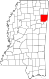 Harta statului Mississippi indicând comitatul Monroe