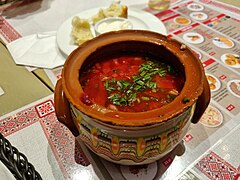 A clay bowl of borscht