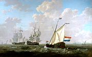 The yacht of the Chamber of Rotterdam for the Dutch East India Company salutes an East-Indiaman and a Dutch man-of-war on the roadstead of Hellevoetsluis, by Jacob van Strij (1756–1815).