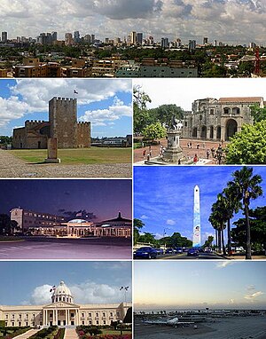 From top to bottom, from left to right: Panoramic Image of the City, Fortaleza Ozama, Parque a Colón, Autonomous University of Santo Domingo (UASD), Obelisk of George Washington Avenue (the Malecón), The National Palace of the Dominican Republic, Las Américas International Airport.