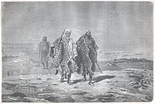 Kresba z 19. století zobrazuje arabské lovce či obchodníky nesoucí kůže levhartů