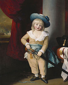 Painting of Octavius as a young boy with long blonde hair, wearing brown overalls and a blue hat
