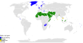 Pays ayant une religion d'État. En vert, les pays musulmans, en bleu, ceux chrétiens, et en jaune, ceux bouddhistes.