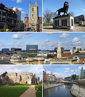 From top left: Reading's medieval Market Place with Town Hall and 11th century St Laurence's Church, the Maiwand Lion, the Town Centre skyline from the Royal Berkshire Hospital, the 12th Century Reading Abbey ruins, The Oracle shopping centre and River Kennet