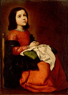 نقاشی از مریم به عنوان دختری خردسال، نشسته و نگاه به سمت بالا